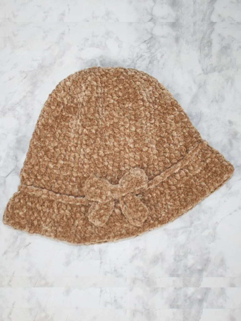 HAND CRAFTED Hat Crochet Bucket Chenille Floppy Winter Wide Brim Tan Marled